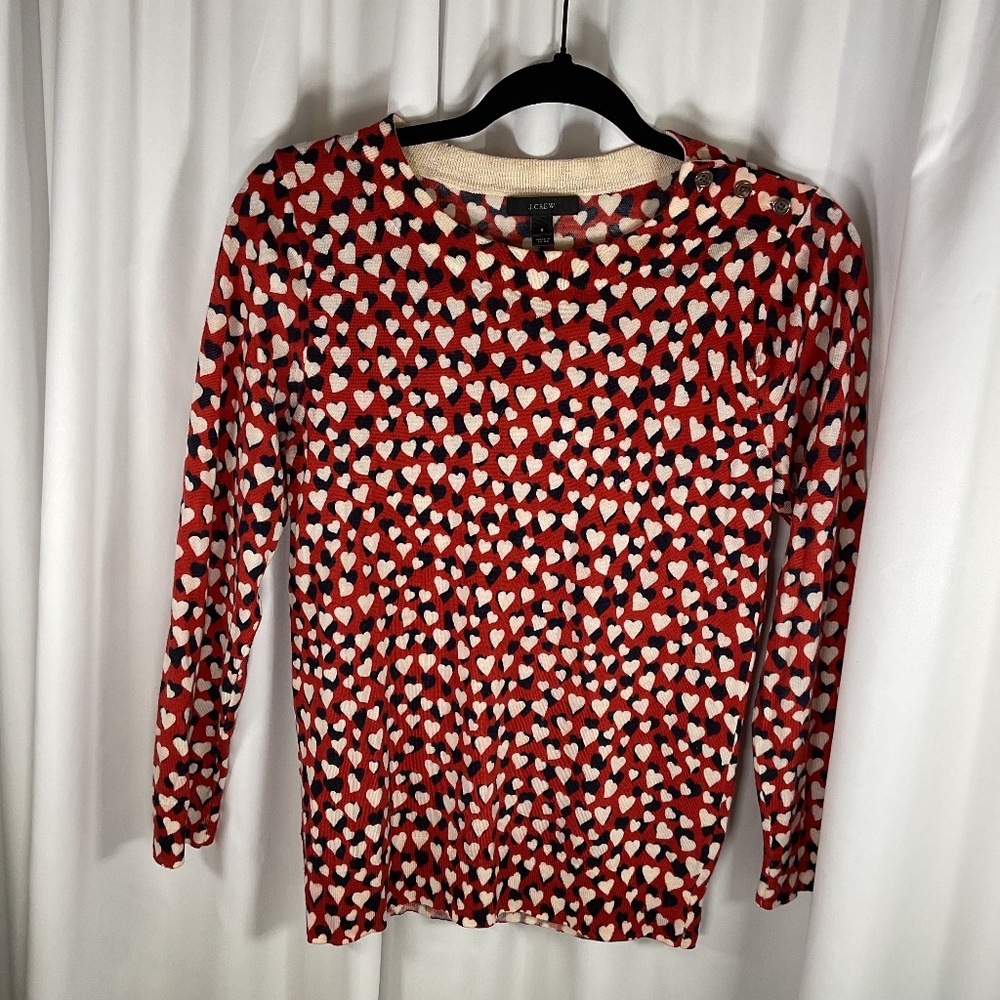 J Crew Size S Heart Print Tippi Sweater 100% Merino Wool Lightweight Rust Red